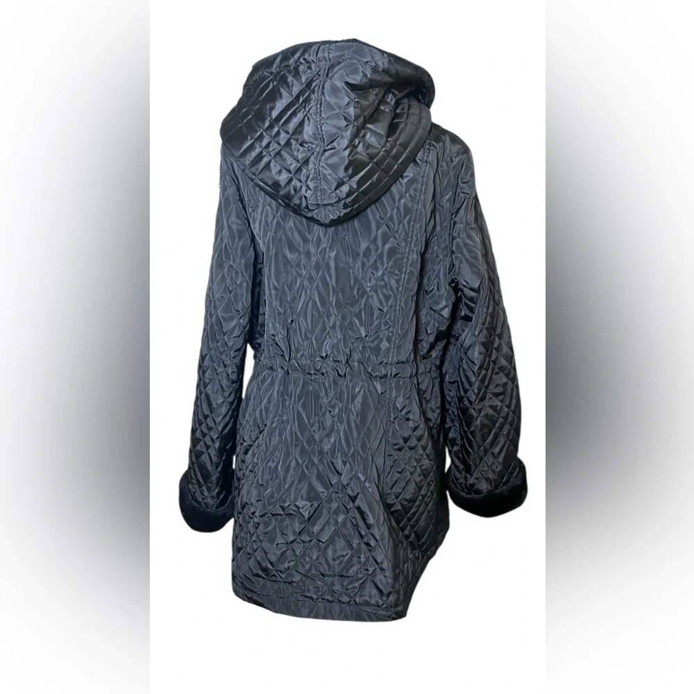Dennis Basso NEW Women's XL Black Quilted Faux Fur Trim Hooded Coat‎ Drawstring